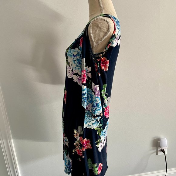 Karen Kane Dress Small Navy Blue Floral Cut Out Shoulders Bell Sleeves Midi Dres - Picture 5 of 6